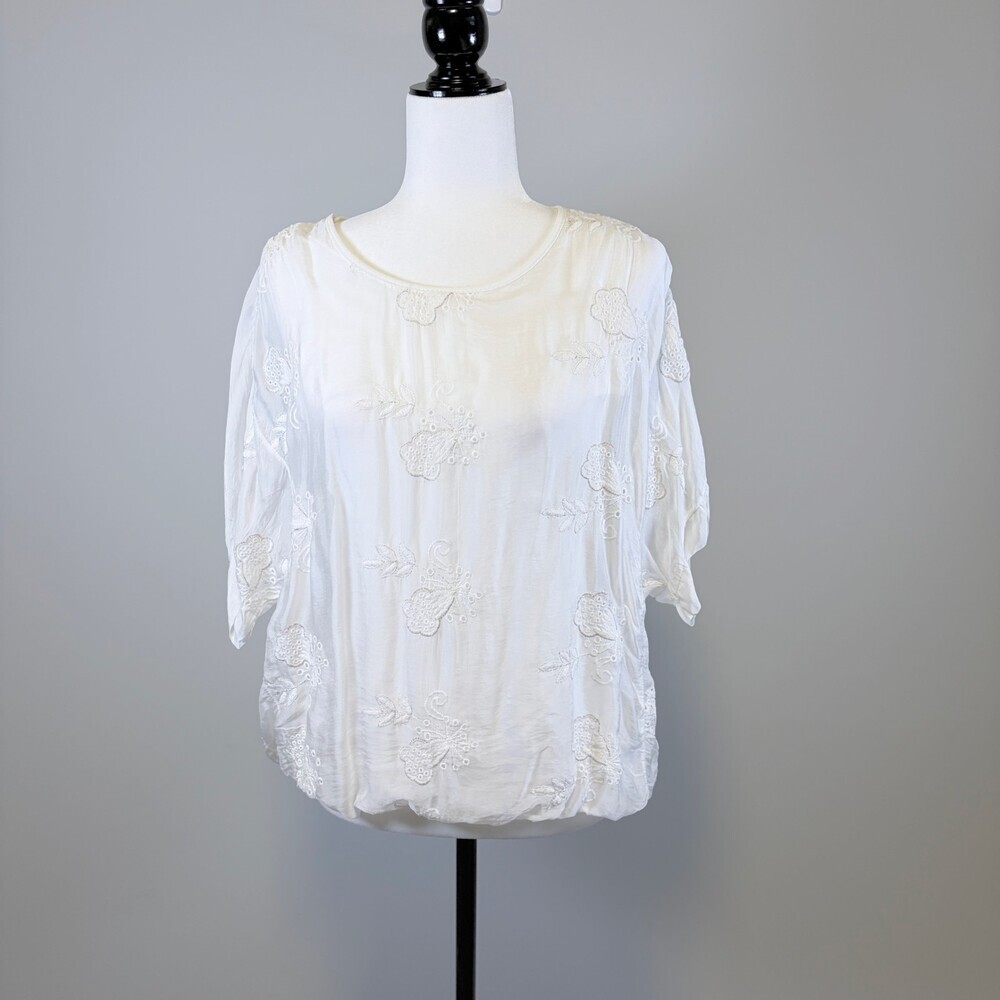 Silk Blouse Italy Embroidered Florals Fairy Core Casual Luxury White Size Small - Picture 2 of 15